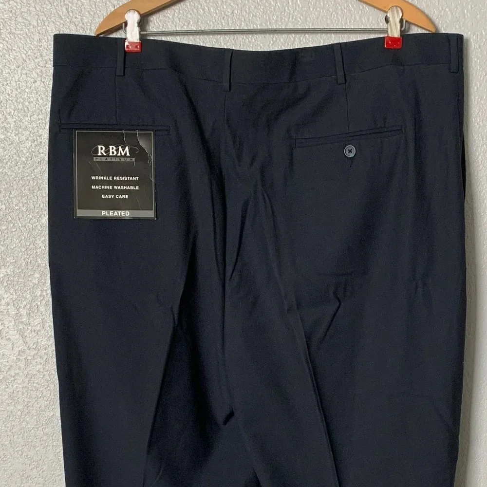 (T13) RBM Platinum Big & Tall Men's Navy Pleated Dress Pants cuffed leg, 44wx32L